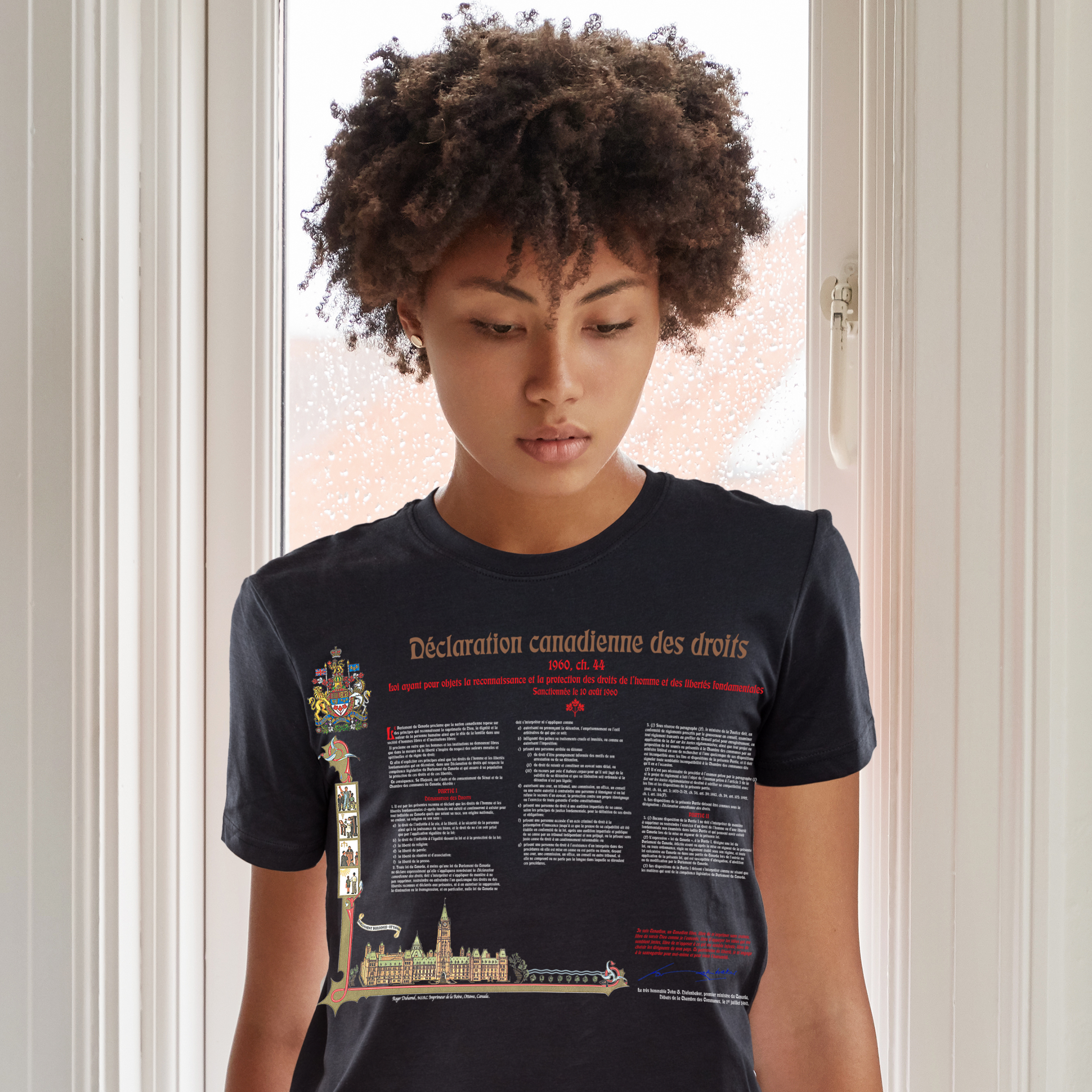 Canadian Bill of Rights T-Shirts on sale Printed in white or black color tshirts French or English language options available Great designs for Men, Women and kids.